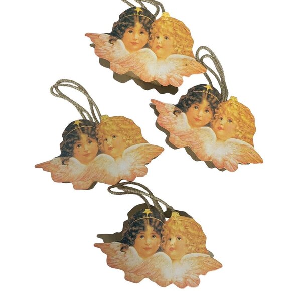 Vintage Gift Bags Lot Cherub Angel Face Mini Gift Bags Gold Handles Set of 4 - Picture 1 of 6